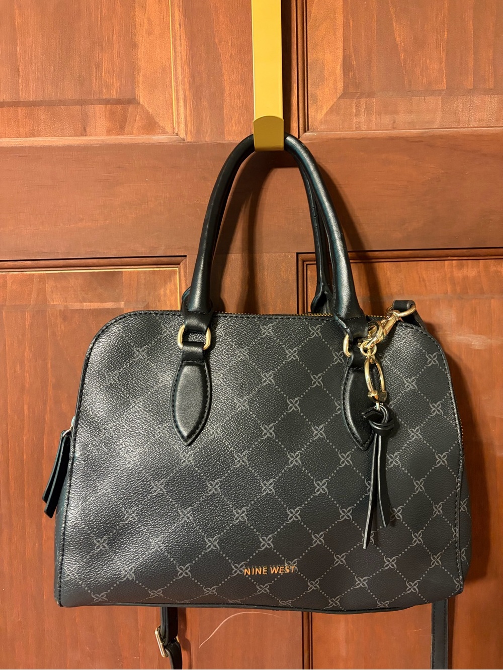 Nine West Black Patterned Satchel with Gold Hardware